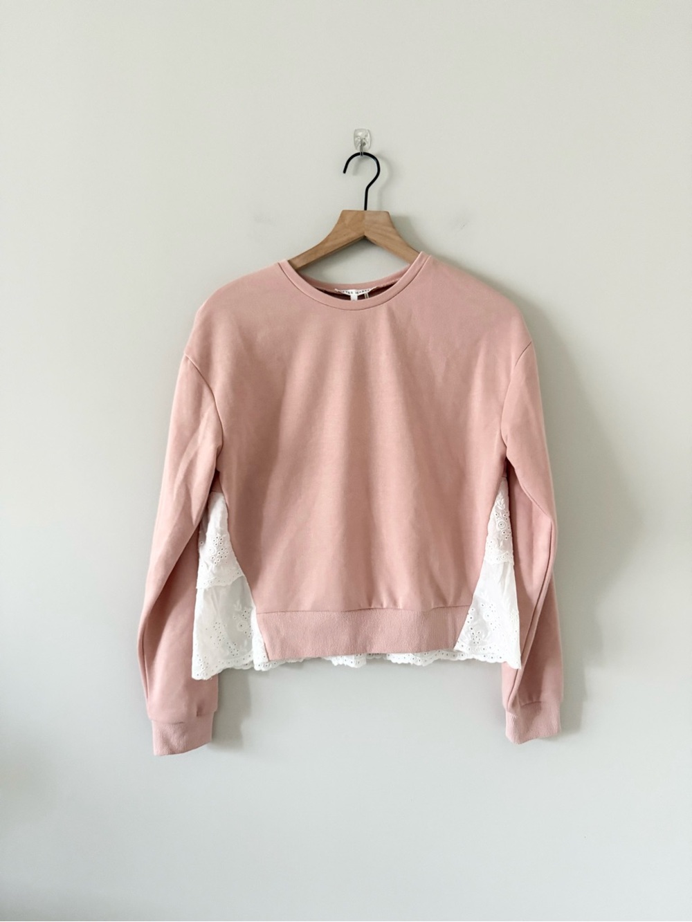 NWT After Market Pink White Lace-Trim Crew Neck Sweatshirt Size S